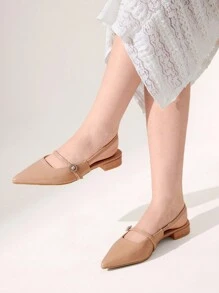 CUCCOO CHICEST Giày ba lê hở lưng đính đá Rhinestone khóa tròn mũi nhọn cho nữ, giản dị, lãng mạn, thanh lịch, màu mơ, thích hợp đi làm, hẹn hò, mua sắm cho Giáng sinh và năm mới, phong cách ngày lễ, thu và đông - Màu be - Xem 4