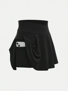 SHEIN Tween Girl Casual Sports High Elasticity Comfortable Criss-Cross Waist Ruffle Hem Skort With Phone Pocket, Black, Spring/Summer - Black - View 2