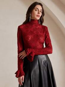 Anewsta Crochet Hollow High Collar Asymmetrical Ruffle Cuff Fitted Crochet Top - Red - View 7
