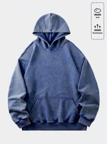 ROMWE MEN Street Life Áo nỉ trùm đầu dáng rộng cổ điển dành cho nam (Đường viền cổ, viền áo và đường may vai được gia cố để tránh biến dạng) - Màu xanh lam - Xem 1