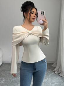 Rafferiza Elegant French Style Butterfly Decor Waisted Loose Soft Blouse,Cream White Long Sleeve Top For Tea Party,Autumn Daily Versatile Luxurious Apparel - Apricot - View 4
