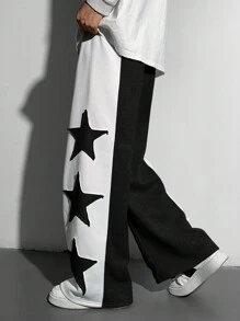 SHEIN Teen Boys 1 Piece Casual Versatile Fashion Street Style Clashing Color Plus Applique Seam Star Design Loose Wide Leg Long Sweatpants Back To School;Autumn Wear;Teen Boys Clothing;Teen Boy Jackets Autumn And Winter Clothing - Black and White - View 4