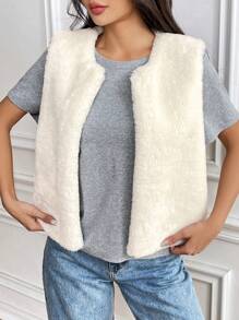 SHEIN EZwear Cream Faux Fur Vest For Women, Cozy Sleeveless Cardigan, Furry Top, Winter Vest Shirt - White - View 5
