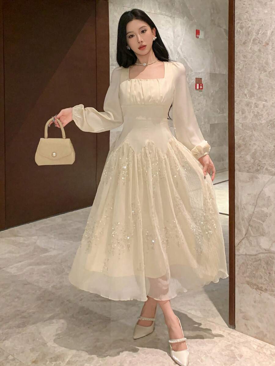 DAZY 优雅方领泡泡袖拼接中长连衣裙，适合春季婚礼宾客舞会礼服，秋季长袖连衣裙，奢华