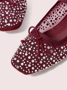 CUCCOO DOLLMOD Fashionable Wine Red Fully Rhinestoned Mesh Mary Jane Flats, Cute & Sweet For School, Students Spring Shoes Spring Break Easter - Burgundy - View 4