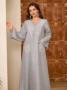 Al Najma Women's V-Neck Long Sleeve Pocket Plant Embroidery Arabic Style Dress, Kaftan & Jalabiya,Modest