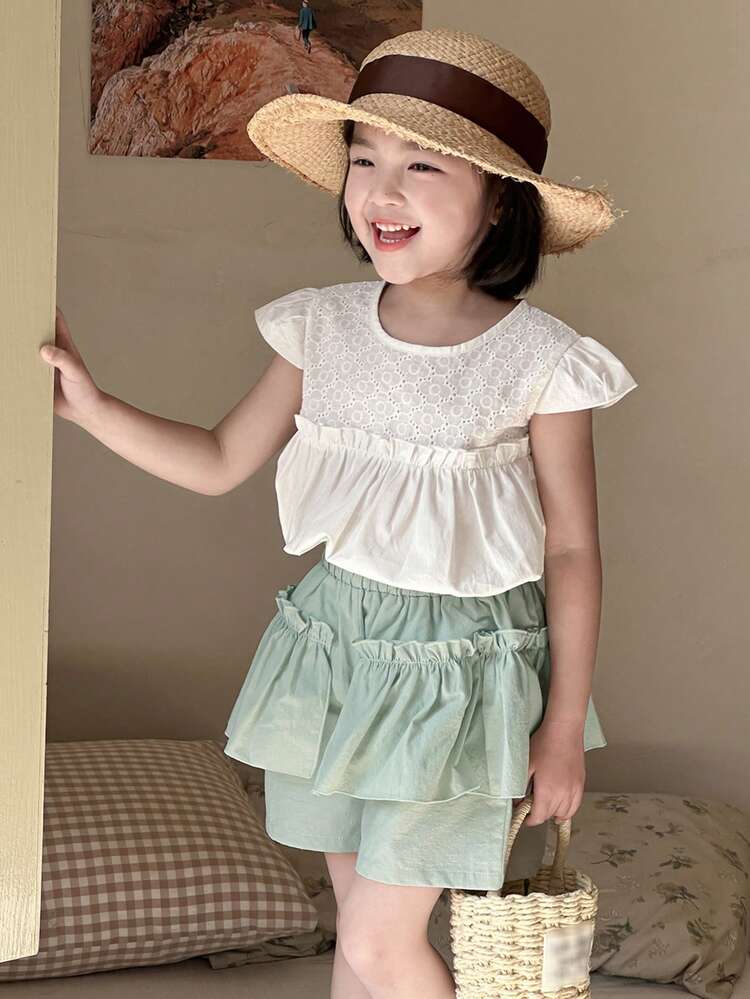 Young Girl Round Neck Cap Sleeve Top And Shorts Fashion Children Outfit