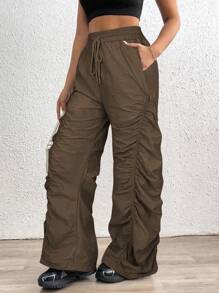 SHEIN Unity Pleated Drawstring Casual Pants, Solid Color Minimalist Fashion Everyday Wear - Brown - View 3