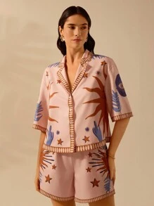 CAJUNI 女士波西米亚风恶魔之眼、太阳、星星、小鸟印花、节日休闲夏季宽松粉色衬衫 - 彩色 - 查看 3