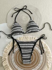 女士夏季细肩带露背度假黑白休闲沙滩比基尼泳装套装