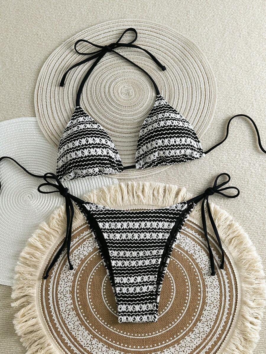 女士夏季细肩带露背度假黑白休闲沙滩比基尼泳装套装