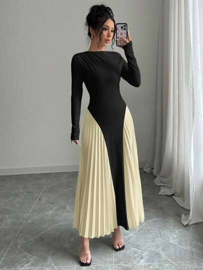 Elenzga 女士优雅长袖收腰褶皱长裙，秋冬季超长女装