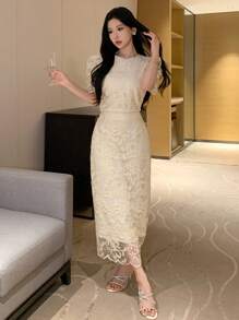 DAZY Ensemble 2 pièces pour femme: blouse à col rond élégante en dentelle avec manches bouffantes et jupe, tenue invitée de mariage pour l'été - Beige - Voir 5