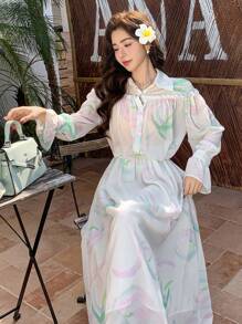 TrendSteals 女士印花衬衫套装（2件套），荷叶边袖口，百褶裙，秋季女装度假套装 - 米色 - 查看 3
