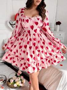 Flirla Plus Size Women Heart Pattern Cute Sweet Vacation Dating Mini Dress,Valentine - Pink - View 1