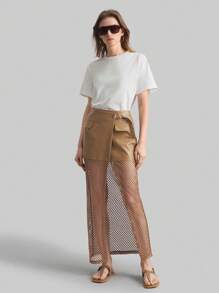 Ontre Chân váy chắp vá phong cách Bohemian cổ điển dành cho nữ, chất liệu PU màu cà phê chắp vá với vải dệt kim phù hợp, trang phục công sở thường ngày, phong cách cổ điển giản dị, thời trang sân bay đi làm chất lượng cao, chất liệu cao cấp - Màu Khaki - Xem 2