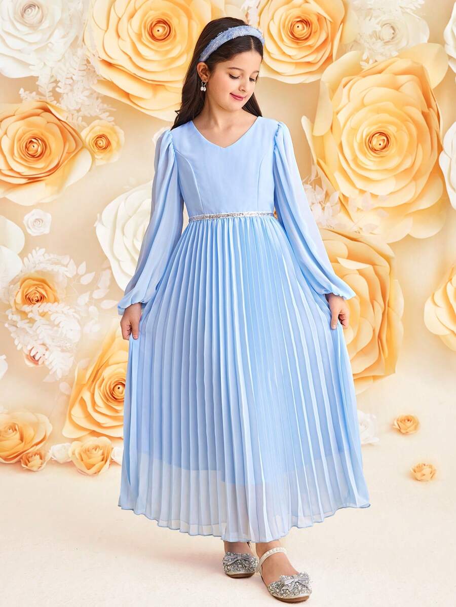 SHEIN Tween Girl Elegant V-Neck Long Sleeve Chiffon Dress - Blue - View 1