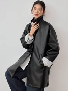 Dazy-Less Women's Casual Loose Plaid Patchwork PU Jacket Windbreaker Ladies Regular Coat,Fall Clothes Business Casual Woman Work Clothes Leather Jacket - Black - View 2