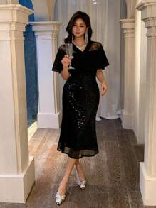 DAZY 女士二合一亮片拼接晚礼服舞会礼服优雅吊带裙新年除夕礼服嘉年华