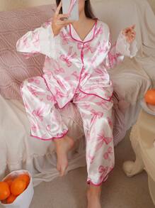SweetSlumber Plus Size Bowknot Print Chiffon Ruffle Trim Colorblock Pink Pajama Set, For Valentine's Day