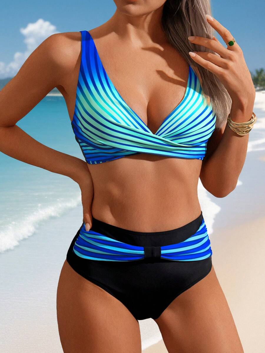 Swim Lushoire Summer Women's 2Pcs Ombre Striped Twist Front Bikini Swimwear, Fashionable & Casual For Holiday Swimming