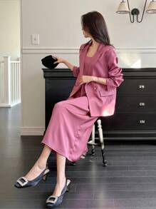 DAZY 2pcs Elegant & Sophisticated Blazer And Spaghetti Strap Dress Suit Set - Coral Pink - View 3