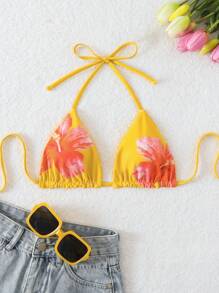 夏季单件双面纯色时尚细肩带吊带比基尼上衣 - 黃色 - 查看 4