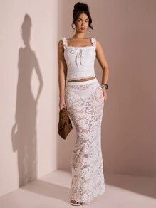 SHEIN BAE 夏季海滩度假纯白色荷叶边蝴蝶结蕾丝背心，适合日常约会、夜间外出、夜总会、派对、聚会、鸡尾酒会、泳池派对、返校季服装、返校季服装、假日女式上衣、迷你上衣 - 白色 - 查看 5