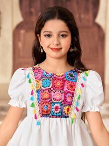 SHEIN Conjunto de 2 piezas para niña preadolescente con camisa de manga corta de globo casual con textura de patchwork, volantes y borlas en colores brillantes, y pantalones largos lisos con textura tejida - Blanco - Ver 4