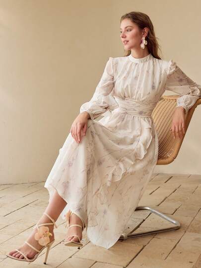 MOTF فستان طويل بتصميم كشكش مطبوع بالأزهار