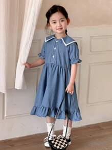 DAZY Young Girl Denim Pinafore Dress, Fall Outfit - Blue - View 4