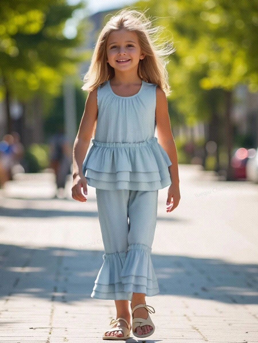 Bộ 2 món/Bộ áo hai dây bèo nhún màu trơn đơn giản cho bé gái và quần ống loe - Màu xanh Bạc hà - Xem 1