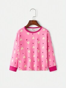 Heart Print Round Neck Long Sleeve Top And Pants Pajama Set For Young Girls - Hot Pink - View 3