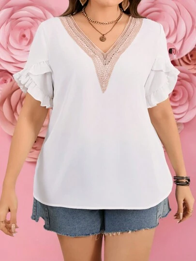 SHEIN LUNE Plus Size Women's Lace And Floral Patchwork Short Sleeve Shirt, Elegant Office Wear; Plus Size Women's Simple And Versatile Commuter Shirt, Fashionable Daily Wear In Spring And Summer; Women's Elegant Shirt, Suitable For Valentine's Day, Festivals, Summer Tops, Women's Summer Clothing