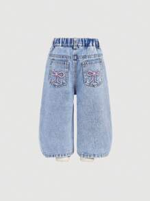 SHEIN Denim Solto com Perna Larga para Meninas, com Decoração Bordada de Laço Fofo, Rosa, Roupas Casuais de Férias de Primavera e Verão para Meninas