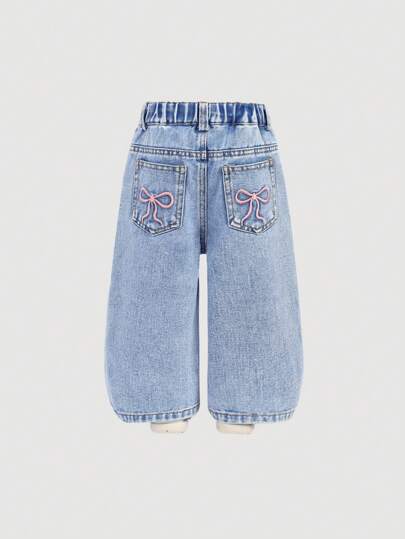 SHEIN Baby Girls Y2K Loose Flared Leg Jeans With Cute Embroidered Bow Decor, Pink,Kid Girls Spring And Summer Casual Vacation Hobo Wear