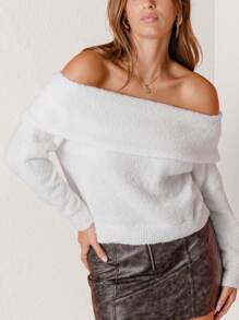 Aralina Cosy Off-Shoulder White Knit Holiday Sweater - White - View 5