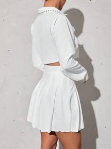 SHEIN PETITE Women Two-Piece Set Buttoned Jacket And Pleated Skirt - White - View 3