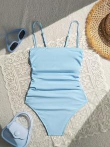 Swim Mod 女士夏季紧身蓝色性感休闲细肩带度假海滩连体泳衣 - 藍色 - 查看 6