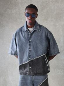 SUMWON Oversized Denim Shirt Button Down Two-Tone Contrast Distressed Raw Edge Detail Streetwear Urban Fashion Long Sleeve Casual Jacket Spring Fall - Multicolor - View 1