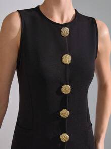 CLARA VERO DEEP V COLLAR GOLDEN BUTTONED POCKET DRESS - Black - View 5