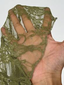 SHEIN PETITE Top ajusté décontracté minimaliste à manches longues et col rond transparent (coupé au hasard) pour femme - Vert olive - Voir 6