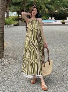 DAZY Vacation Style Beach Tied String Tunic Dress, Women's Mid-Length Ditsy Floral Bohemian Geometric Striped Summer Dress Cruise Women Outfits - Green - View 7