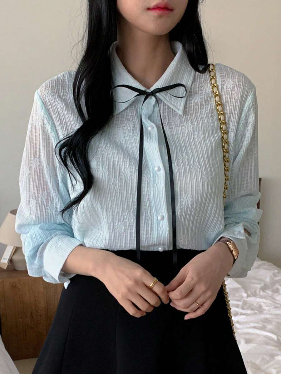 DAZY Texturierte Stoff-Schleifen-Krawatte Langarm Bluse, für Frauen, Frühling & Sommer