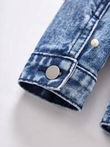 SHEIN Long Sleeve Single-Breasted Pearl Embroidered Denim Jacket For Young Girls, School, Campus, College - Dark Wash - View 5