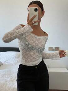 DAZY Solid Color Lace Slim Fit Open Shoulder Women's Blouse Festival Sheer,Fall Clothes Long Sleeve Top Off Shoulder Top - White - View 5
