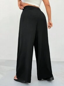 SHEIN EZwear Plus Size Office Women Outfits,Black High Waist Straight Leg Casual Pants, Minimalist & Stylish For Daily Wear,Spring Summer Clothes