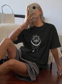 DAZY 女士纯色圆领长款宽松短袖 T 恤图案 T 恤超大码 T 恤