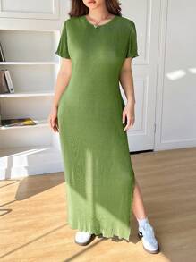 SHEIN EZwear Green Pleated Long Dress For Plus Sizes, Short Sleeve,St Patrick Day,Spring Summer Clothes - Green - View 3