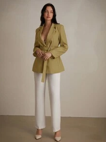 Aveloria Modichic Blazer de negocios de estilo francés sencillo y elegante con cinturón en la cintura y mangas largas, adecuado como uniforme de maestros y ropa de trabajo - Amarillo - Ver 5